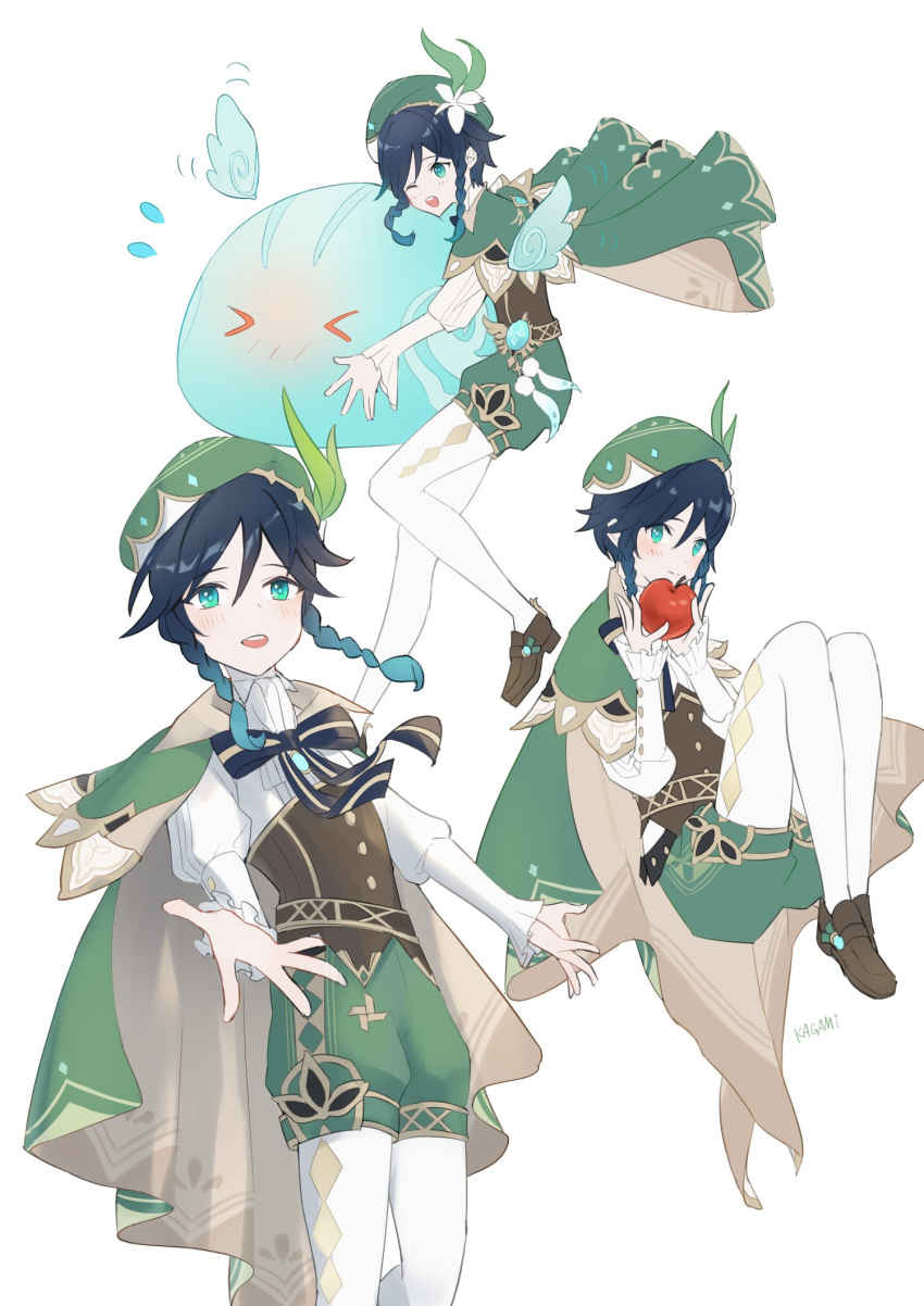 &gt;_&lt; 1boy androgynous apple argyle argyle_legwear bangs beret black_hair blue_hair blush bow braid brooch closed_mouth collared_cape collared_shirt commentary corset eyebrows_visible_through_hair feathers flower food frilled_sleeves frills fruit gem genshin_impact gradient_hair green_eyes green_headwear green_shorts hat hat_flower highres holding holding_food holding_fruit jewelry kagami_(kagami) leaf long_sleeves looking_at_viewer male_focus multicolored_hair one_eye_closed open_mouth pantyhose pinwheel shirt shoes short_hair_with_long_locks shorts side_braids sidelocks simple_background slime_(genshin_impact) sweatdrop symbol-only_commentary twin_braids venti_(genshin_impact) vision_(genshin_impact) white_background white_flower white_legwear white_shirt