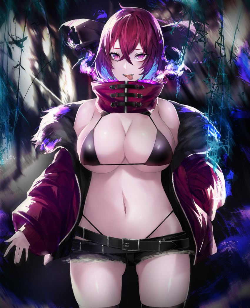 1girl abstract_background absurdres adapted_costume ass_visible_through_thighs bangs bare_shoulders bow breasts cleavage cowboy_shot crossed_bangs hair_between_eyes hair_bow highres large_breasts looking_at_viewer migata off_shoulder pink_eyes plant red_hair revealing_clothes sekibanki solo thigh_gap touhou vines