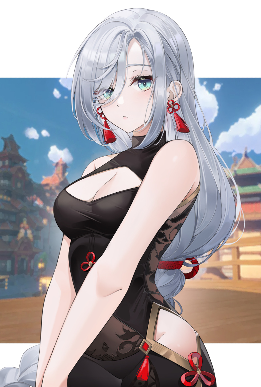 1girl absurdres bare_arms bare_shoulders blue_eyes bodysuit breasts cleavage cleavage_cutout closed_mouth clothing_cutout commentary earrings expressionless genshin_impact grey_hair highres hip_vent jewelry lebring long_hair looking_at_viewer medium_breasts shenhe_(genshin_impact) solo tassel upper_body v_arms