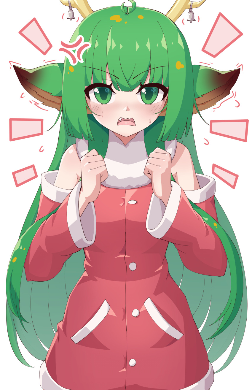 1girl absurdres animal_ears blush christmas detached_sleeves eyebrows_visible_through_hair fang green_eyes green_hair haruka_karibu highres hungrydurp indie_virtual_youtuber long_hair long_sleeves looking_at_viewer open_mouth santa_costume solo virtual_youtuber