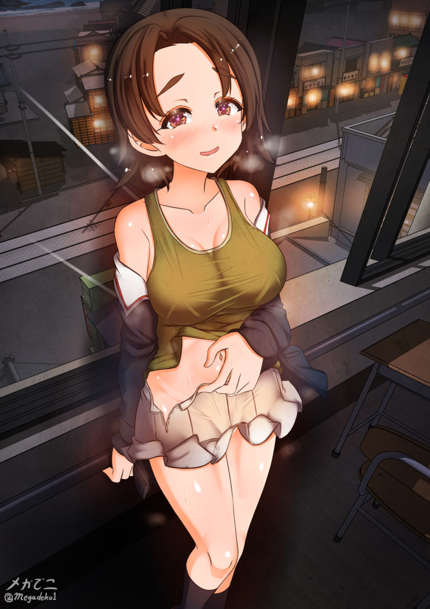 1girl aquaegg blush breasts brown_eyes brown_hair cleavage collarbone eyebrows_visible_through_hair girls_und_panzer green_tank_top heart heart-shaped_pupils highres indoors large_breasts looking_at_viewer military military_uniform miniskirt navel no_panties ooarai_military_uniform open_mouth pleated_skirt sawa_azusa shiny shiny_hair shiny_skin skirt solo sweat symbol-shaped_pupils tank_top uniform white_skirt window