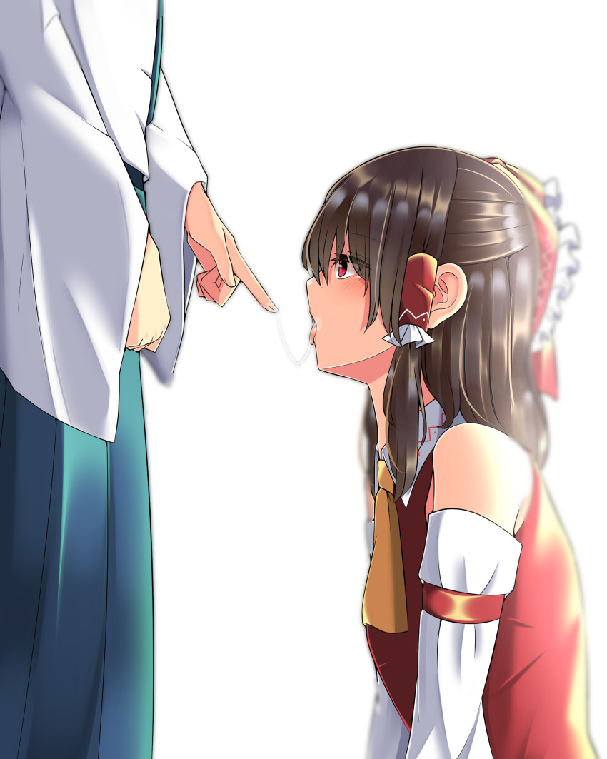 2girls absurdres bare_shoulders bloom blurry brown_hair commentary_request depth_of_field detached_sleeves finger_in_another's_mouth hakurei_reimu highres kneeling kochiya_sanae long_hair lower_body masochism mokutan_(link_machine) multiple_girls red_eyes saliva saliva_trail simple_background solo_focus standing touhou white_background wide_sleeves yuri
