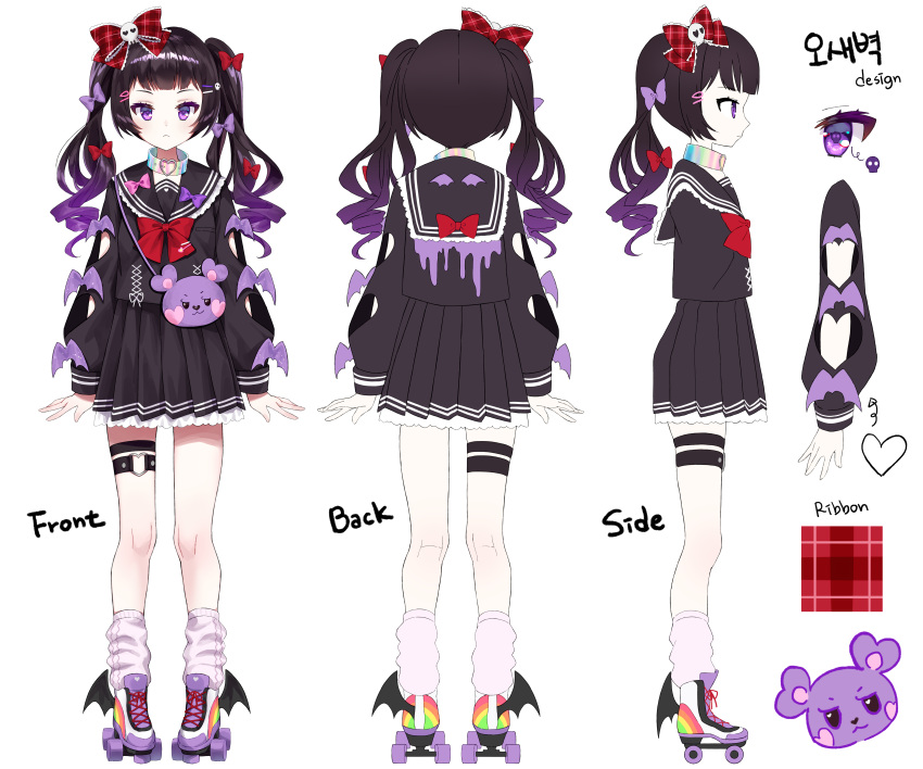 1girl absurdres animal_bag bag bangs black_hair black_sailor_collar black_serafuku black_shirt black_skirt blush bow chobi_(penguin_paradise) closed_mouth copyright_request gradient_hair hair_bow hair_ornament hairclip heart_ring highres korean_text long_hair long_sleeves loose_socks multicolored_hair multiple_views official_art plaid plaid_bow puffy_long_sleeves puffy_sleeves purple_bow purple_eyes red_bow roller_coaster sailor_collar school_uniform serafuku shirt shoulder_bag simple_background skirt skull_hair_ornament socks turnaround twintails very_long_hair virtual_youtuber white_background white_legwear