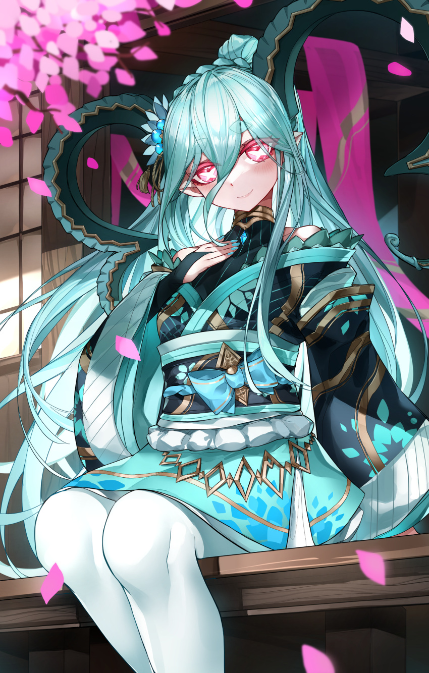 1girl aqua_hair aqua_kimono aqua_nails aqua_ribbon bangs black_kimono blush braid breasts bridal_gauntlets casul cherry_blossoms closed_mouth commentary curled_horns english_commentary eyebrows_visible_through_hair eyelashes fate/grand_order fate/grand_order_arcade fate_(series) feet_out_of_frame fingernails french_braid gem gloves green_gloves hair_between_eyes hair_ornament hand_on_own_chest highres horns japanese_clothes kimono larva_tiamat_(fate) long_hair long_horns long_sleeves looking_at_viewer multicolored_clothes multicolored_kimono nail_polish off-shoulder_kimono outdoors petals pink_eyes pointy_ears ribbon sash sidelocks sitting small_breasts smile solo sweater symbol-shaped_pupils tassel tiamat_(fate) turtleneck turtleneck_sweater very_long_hair white_legwear wide_sleeves x_x