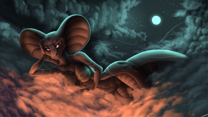anthro blue_clouds cloud cloudscape female hi_res moon nipples o_squeaks_o orange_clouds pink_eyes reptile scales scalie sky snake solo