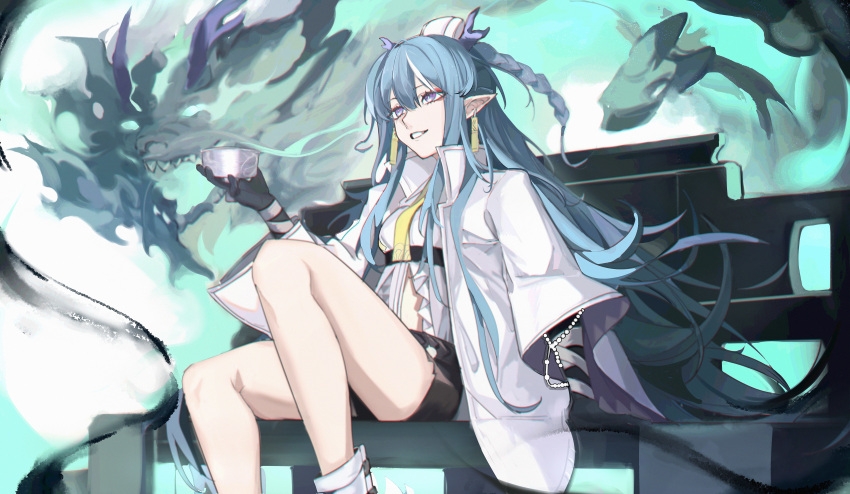 1girl absurdres arknights bandages bangs bare_legs bench black_gloves black_shorts blue_fire blue_hair braid breasts coat cup dragon dragon_horns earrings elbow_gloves eyebrows_visible_through_hair feet_out_of_frame fire gloves hair_between_eyes highres holding holding_cup horns jewelry knee_up ling_(arknights) long_hair long_sleeves looking_afar looking_away medium_breasts multicolored_hair necktie open_clothes open_coat parted_lips pointy_ears purple_eyes shirt short_shorts shorts sitting smile solo streaked_hair tokinhr two-tone_hair underbust very_long_hair white_coat white_hair white_shirt wide_sleeves yellow_necktie