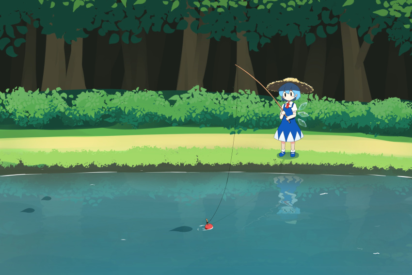 1girl bangs blue_dress blue_footwear blue_hair bush cirno collared_shirt dress english_commentary ferdy's_lab fishing fishing_rod forest full_body highres holding holding_fishing_rod ice ice_wings nature necktie outdoors red_necktie reflection reflective_water shirt short_hair short_sleeves solo standing touhou water white_legwear white_shirt wings |_|