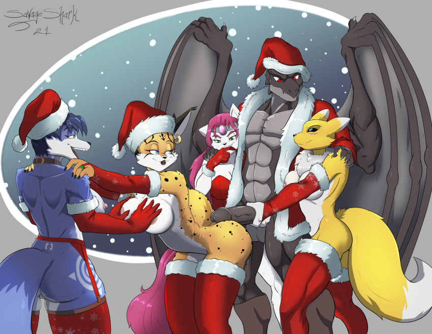 anthro anthro_on_anthro balls bandai_namco black_body blue_body blue_eyes blue_fur blue_hair bodily_fluids breast_grab breasts bucky_o'hare_(series) butt christmas christmas_clothing christmas_headwear claws clothed clothing detailed_background digimon digimon_(species) domestic_cat dragon duo fangs felid feline felis female female/female fluffy fluffy_tail fur gangbang genital_fluids genitals green_body green_eyes grey_body group group_sex hair hand_on_breast hat headgear headwear hi_res holidays horn interspecies jenny_(bucky_o'hare) krystal looking_pleasured male male/female mammal miyu_lynx multicolored_body muscular muscular_male nintendo nipples open_mouth open_smile partially_clothed penis pink_body pink_fur pink_hair pussy red_eyes renamon reverse_gangbang santa_hat savageshark scalie sex smile star_fox tamati teeth tongue two_tone_body vein veiny_penis video_games western_dragon white_body white_fur wings yellow_body yellow_fur