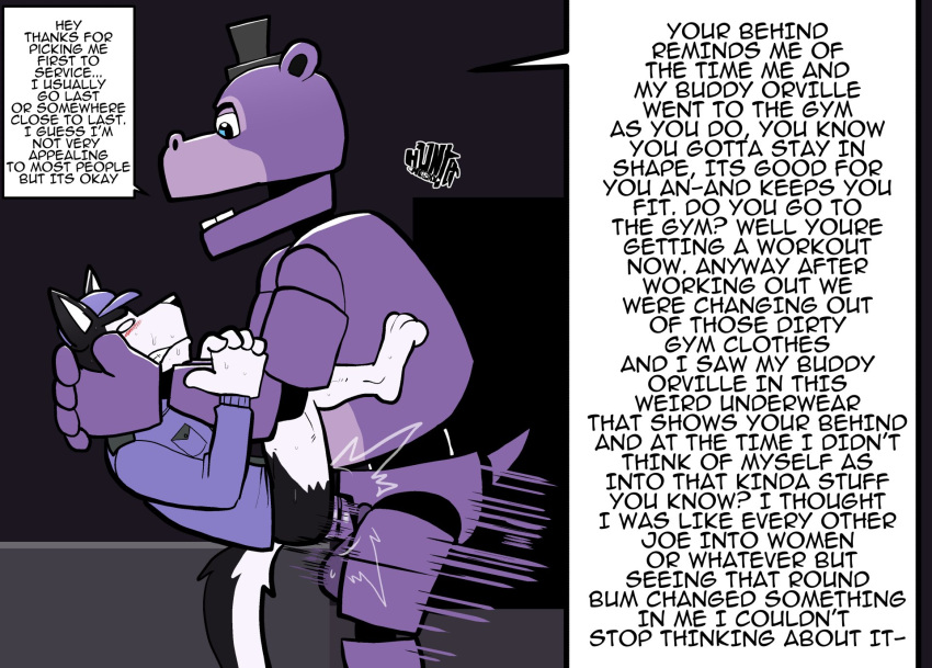 anal animatronic anthro canid canine duo english_text erection five_nights_at_freddy's genitals hi_res humor machine male male/male male_penetrated male_penetrating male_penetrating_male mammal mr._hippo_(fnaf) penetration penis purple_body robot scottgames sex text tl;dr video_games