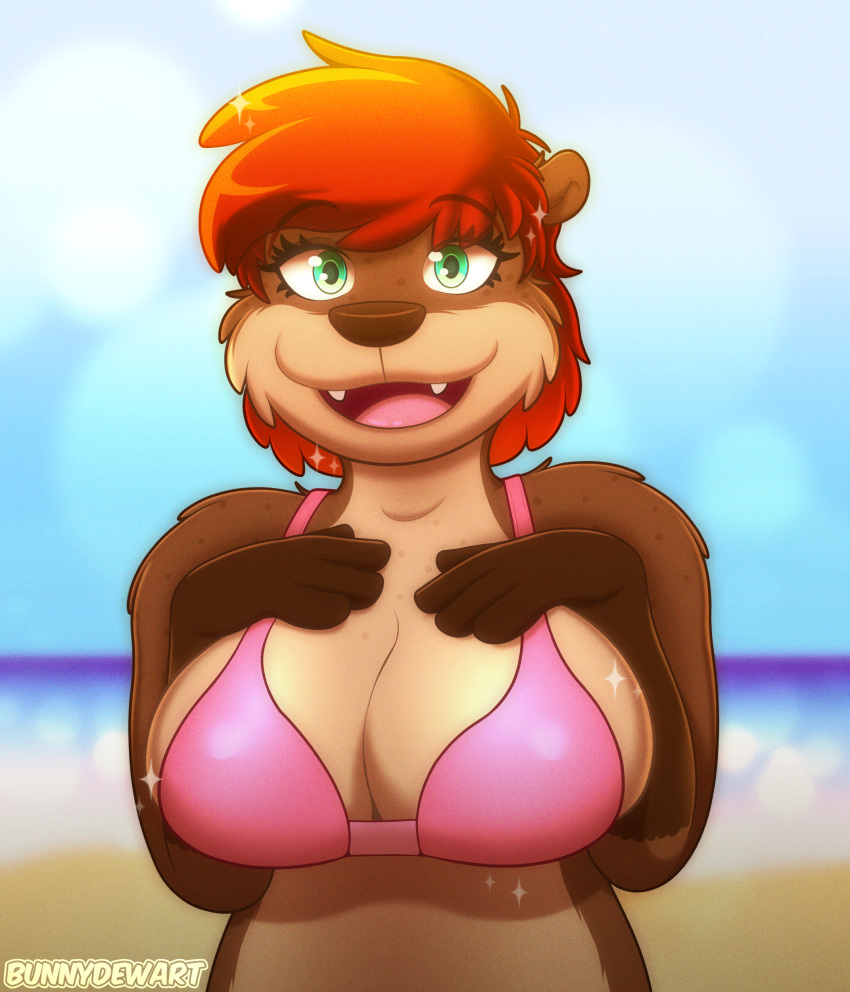 2022 absurd_res anthro beach big_breasts bikini bra breasts brown_body brown_fur bunnydewart cleavage clothed clothing female freckles fur green_eyes hair hi_res looking_at_viewer lutrine mammal mustelid red_hair roxanne_(bunnydewart) seaside smile solo swimwear underwear water