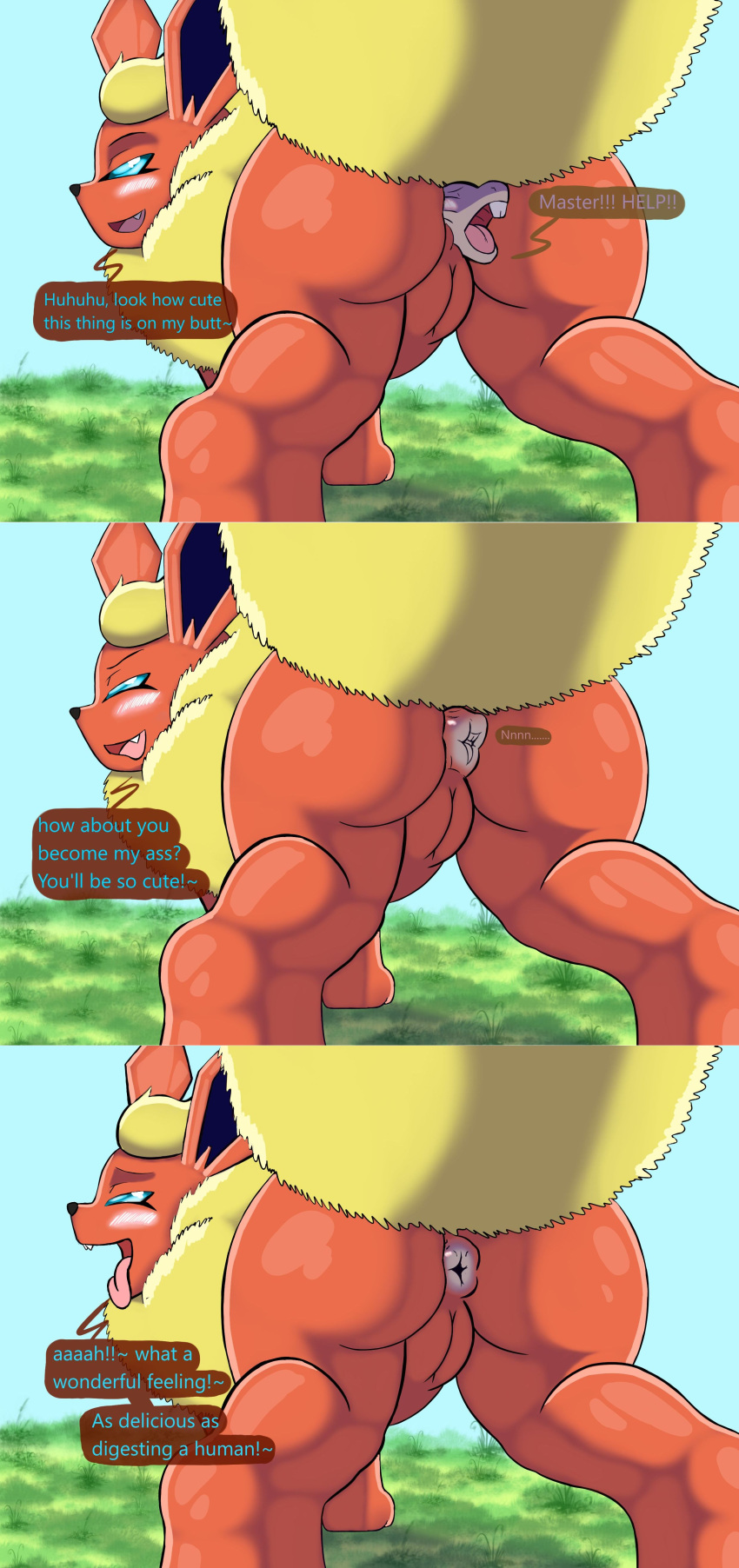 absurd_res anus anus_transformation big_butt butt duo eeveelution female feral flareon genitals half-closed_eyes hi_res justwhite larger_female male mischievous mischievous_smile narrowed_eyes nintendo pok&eacute;mon pok&eacute;mon_(species) pussy rattata size_difference smaller_male smiile smile smirk transformation video_games vore