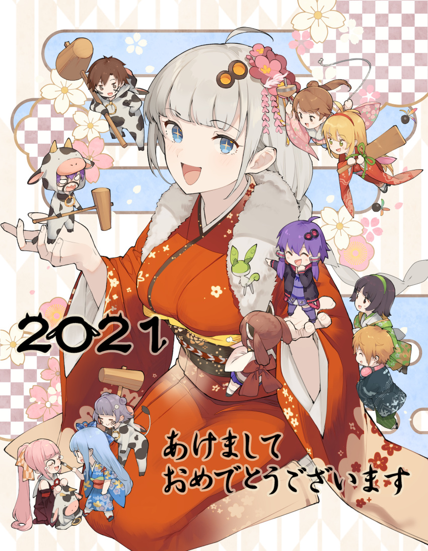 +_+ 2021 3boys 6+girls alternate_costume animal_costume bangs black_hair blue_eyes blue_hair blunt_bangs braid breasts brown_hair character_request chinese_zodiac closed_eyes commentary_request cow_costume dress eyebrows_visible_through_hair floral_print fur_collar grey_hair hair_ornament hairband headgear highres jacket japanese_clothes kimono kizuna_akari kotonoha_akane kotonoha_aoi large_breasts long_hair miniboy minigirl multiple_boys multiple_girls new_year obi open_mouth pink_hair purple_dress purple_hair sash shirinda_fureiru short_hair short_hair_with_long_locks silver_hair simple_background sitting touhoku_kiritan tsurumaki_maki twin_braids very_long_hair vocaloid voiceroid year_of_the_ox yuzuki_yukari