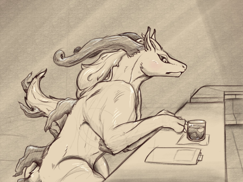 bar beverage black_sclera blush claws counter elbow_tufts female feral glass hi_res horn long_horn looking_at_object monochrome monster sitting solo spot_color the_creacher unknown_species