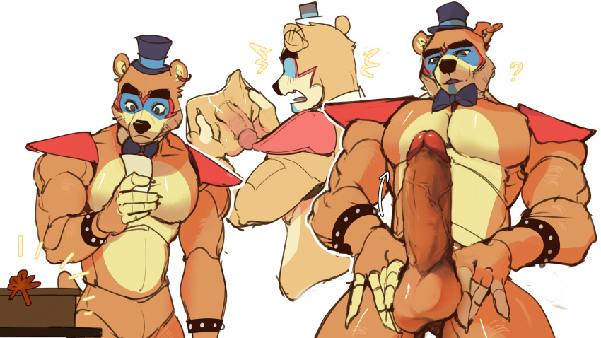 abs animatronic anthro balls biceps blush bow_tie brown_body clothing ear_piercing erection featureless_crotch five_nights_at_freddy's five_nights_at_freddy's:_security_breach flustered genitals glamrock_freddy_(fnaf) hat headgear headwear hi_res machine male mammal muscular muscular_anthro muscular_male nude otternito pecs penis piercing robot scottgames simple_background solo top_hat ursid video_games white_background
