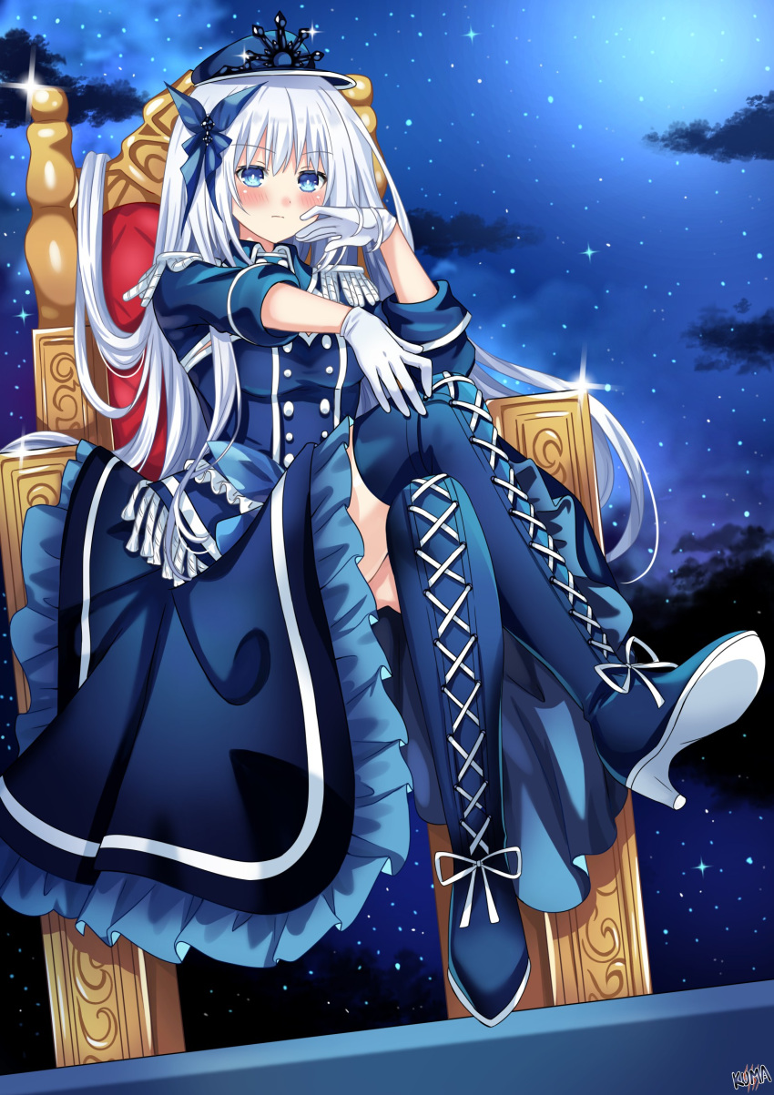 1girl adapted_costume alternate_color blue_dress blue_eyes blue_headwear blue_legwear blush boots breasts butterfly_hair_ornament buttons cleavage_cutout clothing_cutout commentary cosplay cross-laced_footwear crossed_legs date_a_live double-breasted dress english_commentary frilled_dress frills from_below frown full_body gloves hair_ornament hand_on_own_cheek hand_on_own_face hand_on_own_knee hand_up hat high_heel_boots high_heels highres layered_dress lewdkuma long_hair looking_at_viewer looking_down medium_breasts military military_hat military_uniform night night_sky serious silver_hair sitting sky solo star_(sky) starry_sky thigh_boots thighhighs throne tobiichi_origami uniform very_long_hair white_gloves white_queen_(date_a_live) white_queen_(date_a_live)_(cosplay)