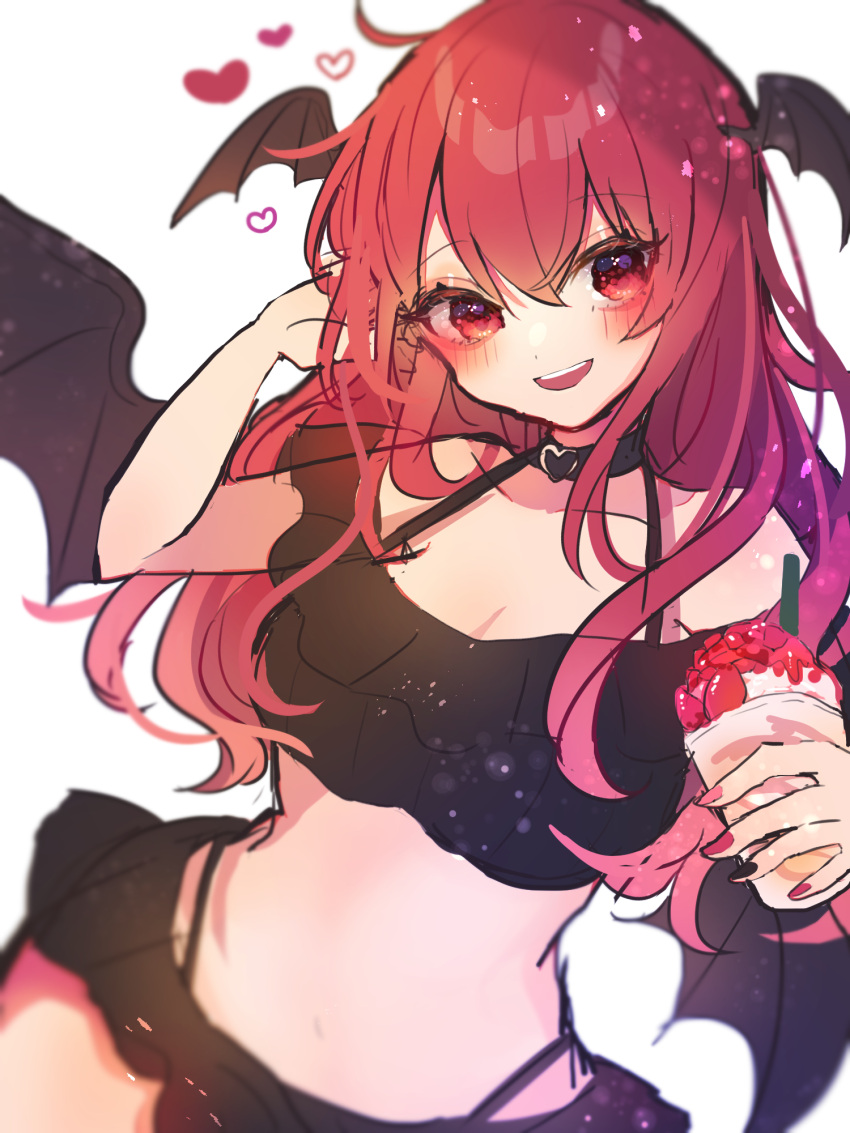 1girl :d alternate_costume bangs bare_shoulders bikini black_bikini black_choker blurry breasts chikuwa_(tikuwaumai_) choker cleavage collarbone commentary_request crop_top cup depth_of_field drinking_straw eyebrows_visible_through_hair food frappuccino fruit hair_between_eyes hand_in_hair hand_up head_wings heart heart_choker highres holding holding_cup koakuma large_breasts long_hair looking_at_viewer multicolored_nails nail_polish no_navel off-shoulder_bikini off_shoulder red_eyes red_hair simple_background smile solo strawberry swimsuit touhou upper_body white_background