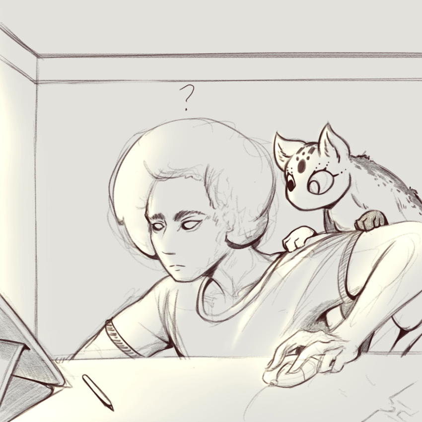 ? afro carrying clothed clothing computer_mouse detailed_background duo empty_eyes female feral heterochromia hi_res human inside male mammal monochrome monster on_shoulders pen tablet the_creacher unknown_species