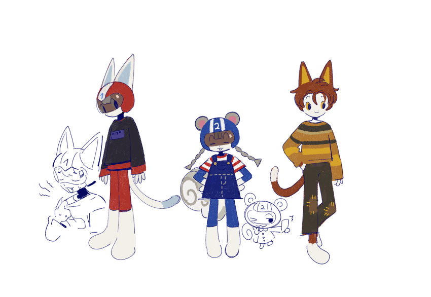 1girl 2boys :| ;3 ^^^ agent_s_(animal_crossing) animal_crossing animal_ears arm_at_side arms_at_sides black_eyes black_pants black_sweater blue_headwear blue_legwear blunt_ends body_fur boots braid brown_hair buck_teeth cat_boy cat_ears cat_tail cellphone chibi chinese_commentary closed_eyes closed_mouth clothes_writing colored_sclera commentary_request cropped_torso denim dot_nose ears_through_headwear expressionless facing_viewer fang from_side full_body furry furry_female furry_male grey_hair guu_(hakahonoo) hair_between_eyes hand_in_pocket hand_up hands_on_hips helmet high_collar holding holding_phone horizontal_stripes jitome kid_cat_(animal_crossing) knee_boots leg_up legs_together long_hair long_sleeves looking_at_viewer looking_to_the_side low_twintails motorcycle_helmet multiple_boys multiple_views no_pupils official_style one_eye_closed open_mouth outstretched_arm overall_skirt overalls pants partially_colored patches patchwork_clothes phone red_headwear red_legwear rudy_(animal_crossing) selfie shirt short_sleeves simple_background sketch sleeves_past_wrists smartphone smile squirrel_ears squirrel_girl squirrel_tail standing straight-on striped striped_shirt striped_sweater sweat sweater t-shirt tail tareme teeth turtleneck twin_braids twintails u_u upper_body v white_background white_footwear white_fur yellow_sclera