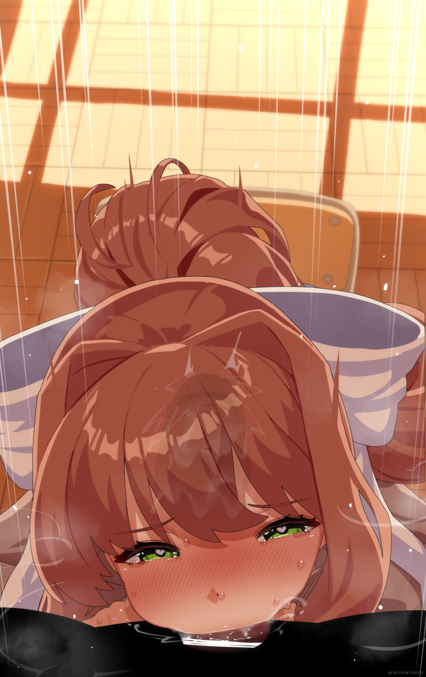 1girl absurdres blazer blue_skirt blush bow brown_hair brown_jacket censored deepthroat doki_doki_literature_club fellatio from_above green_eyes hair_between_eyes hair_intakes heart heart-shaped_pupils highres indoors jacket large_penis long_hair mizumizuni monika_(doki_doki_literature_club) motion_lines oral penis ponytail pov ribbon school_uniform see-through sidelocks skirt sucking symbol-shaped_pupils white_bow window_shade wooden_floor