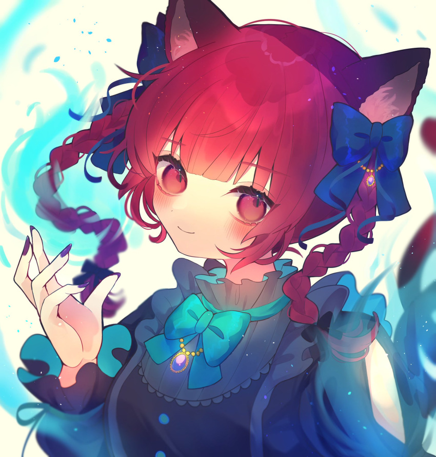 1girl animal_ears black_bow black_shirt blue_bow blush bow braid brooch cat_ears chikuwa_(tikuwaumai_) closed_mouth commentary_request fangs fingernails frills hair_bow hand_up highres hitodama jewelry kaenbyou_rin long_fingernails long_hair long_sleeves looking_at_viewer purple_nails red_eyes red_hair shirt smile solo touhou twin_braids twintails twitter_username upper_body