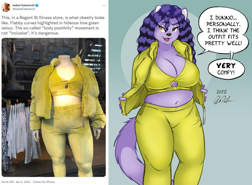 anthro big_breasts breasts cleavage clothed clothing domestic_cat felid feline felis female fur hair mammal peterandwhitney purple_body purple_fur purple_hair slightly_chubby solo tight_clothing whitney_(pnc) workout_clothing