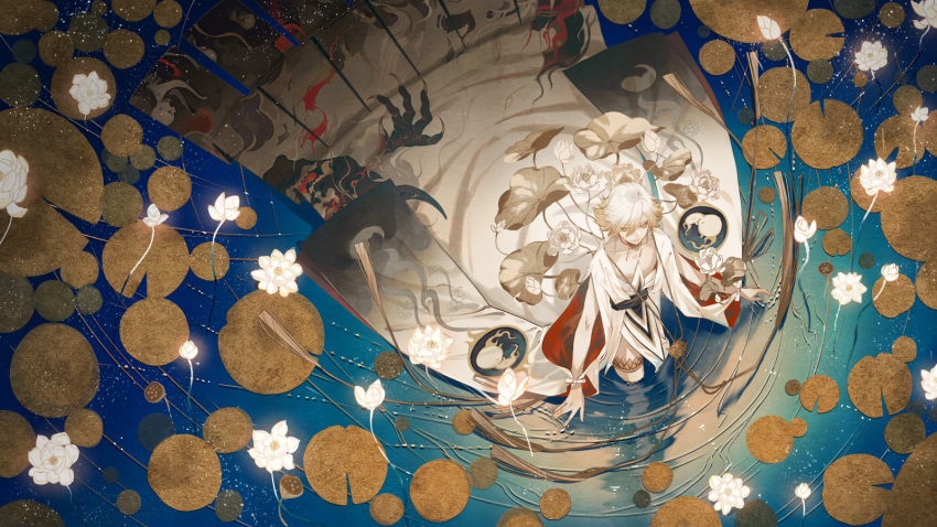 1boy bishounen character_request chinese_clothes closed_mouth collarbone commentary_request earrings flower from_above highres jewelry lily_pad male_focus onmyoji p-suke ripples short_hair thighlet wading white_flower white_hair white_robe
