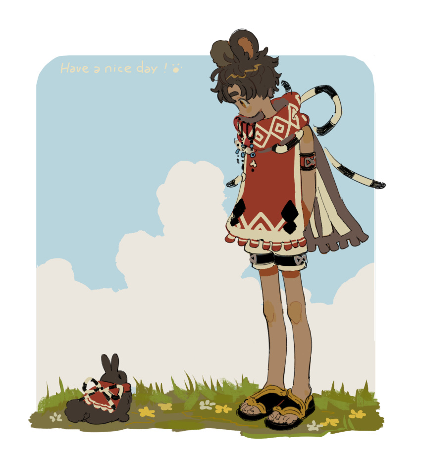 1boy animal animal_ears armlet bangs bare_arms bare_legs bare_shoulders black_footwear black_shorts blue_flower blue_sky border borrowed_character bow brown_hair bunny chinese_commentary closed_mouth cloud cloudy_sky commentary_request creature_and_personification dark-skinned_male dark_skin day english_text expressionless flower fringe_trim from_side full_body grass guu_(hakahonoo) high_collar highres light_brown_eyes looking_at_animal looking_down male_focus original outdoors outside_border parted_bangs patterned patterned_clothing profile rabbit_ears rounded_corners sandals shorts sky sleeveless solid_oval_eyes standing tareme thick_eyebrows toes white_border white_flower yellow_flower