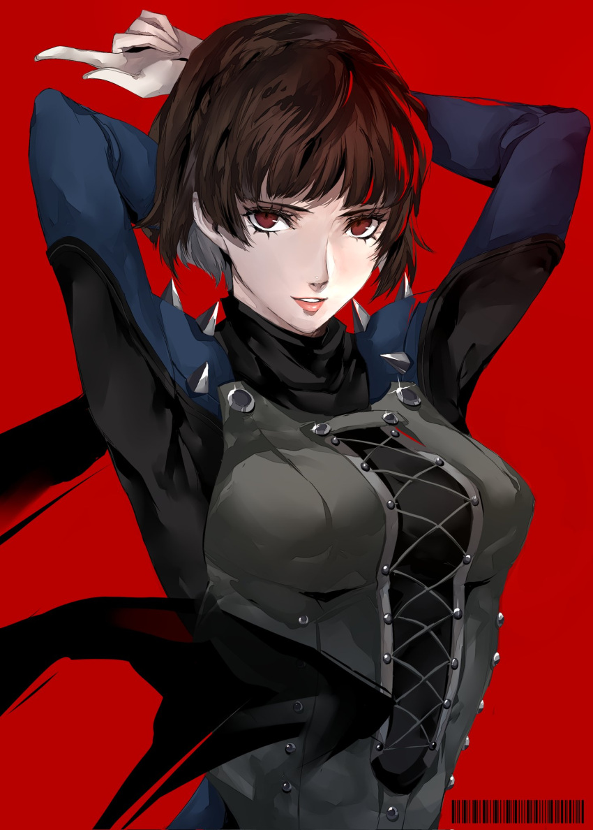 1girl arm_behind_back arms_up bangs black_bodysuit black_scarf blue_bodysuit blunt_bangs bodysuit braid brown_hair closed_mouth crown_braid highres lips long_sleeves looking_at_viewer multicolored_bodysuit multicolored_clothes niijima_makoto persona persona_5 pertex_777 pink_lips red_background red_eyes scarf short_hair shoulder_spikes simple_background solo spikes taut_clothes