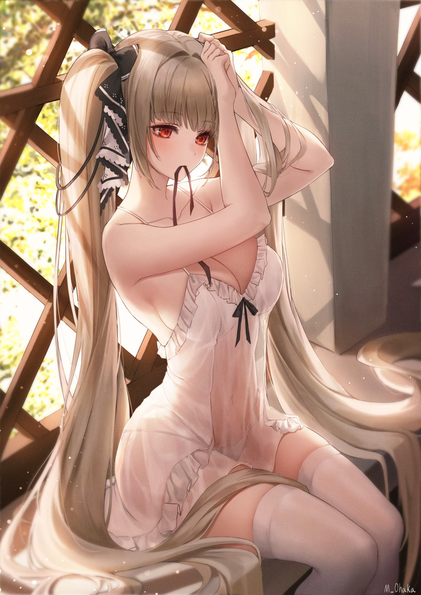 1girl absurdres ame_816 arms_up azur_lane backlighting bare_arms bare_shoulders bow breasts chemise cleavage collarbone dress formidable_(azur_lane) frilled_dress frills grey_hair hair_bow highres large_breasts lingerie long_hair mouth_hold negligee nightgown panties red_eyes see-through sitting sleeveless sleeveless_dress solo spaghetti_strap string_panties thighhighs twintails underwear very_long_hair white_dress white_legwear white_panties