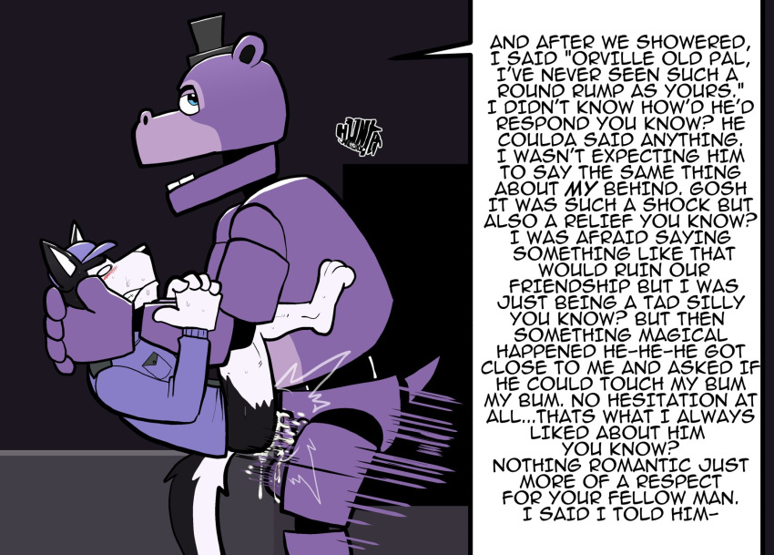 anal animatronic anthro canid canine duo english_text erection five_nights_at_freddy's genitals hi_res humor machine male male/male male_penetrated male_penetrating male_penetrating_male mammal mr._hippo_(fnaf) nanothehedgehog penetration penis purple_body robot scottgames sex text tl;dr video_games