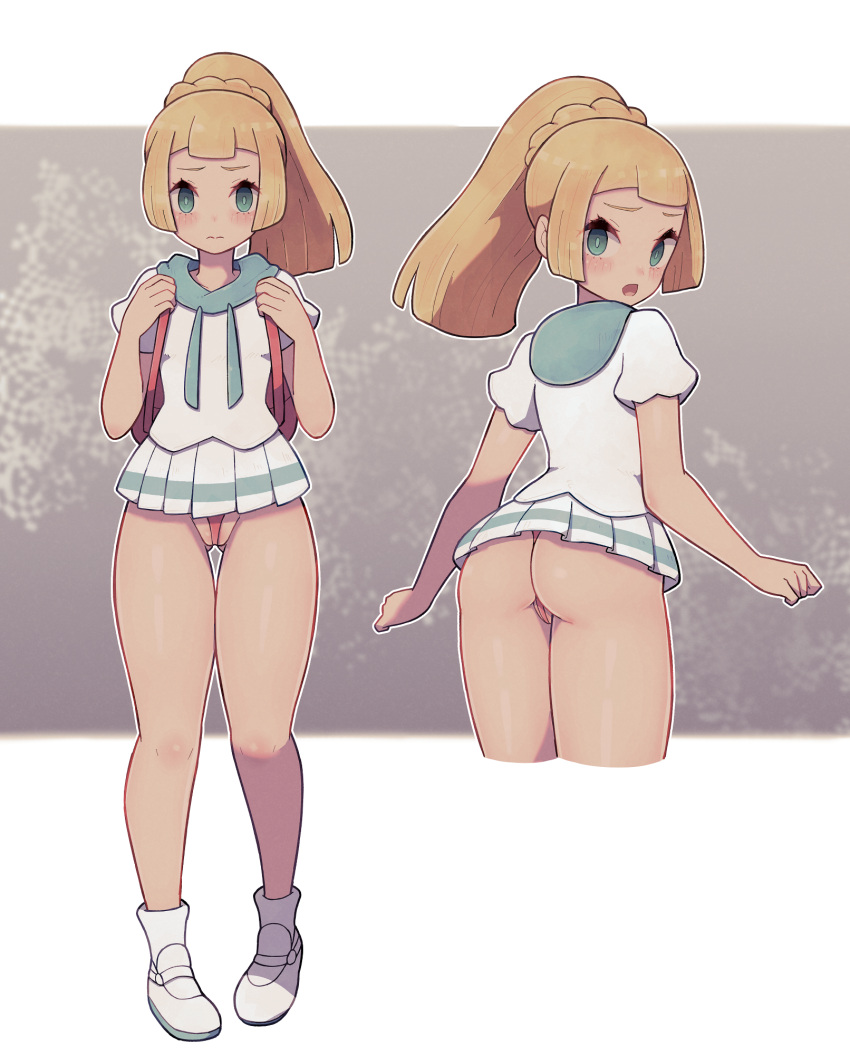1girl ass blonde_hair blue_eyes blush embarrassed from_behind frown furrowed_brow highres jacket lamb-oic029 lillie_(pokemon) looking_at_viewer no_pants pokemon ponytail red_bag thighs thong white_footwear white_jacket