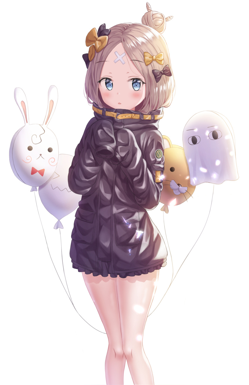 1girl abigail_williams_(fate/grand_order) absurdres balloon bangs black_bow black_jacket blonde_hair blue_eyes bow commentary crossed_bandaids eyebrows_visible_through_hair fate/grand_order fate_(series) fou_(fate/grand_order) hair_bow hair_bun hands_up heroic_spirit_traveling_outfit highres jacket long_hair long_sleeves looking_at_viewer medjed nay orange_bow parted_bangs parted_lips simple_background sleeves_past_fingers sleeves_past_wrists solo white_background