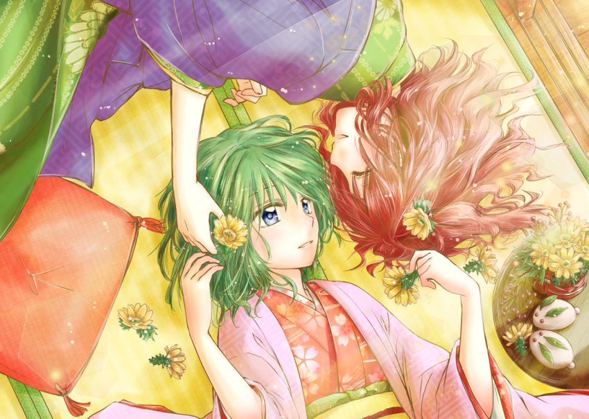 2girls alternate_costume arm_up blue_eyes commentary_request eyes_closed facing_another floral_print flower from_above green_hair hair_flower hair_ornament hand_in_another's_hair hanten_(clothes) holding holding_flower japanese_clothes kiduki_kaya kimono light_particles looking_at_another lying medium_hair multiple_girls obi on_back on_floor on_side onozuka_komachi parted_lips pillow plant potted_plant red_hair sash shiki_eiki short_hair snow_bunny tatami touhou tray yuri