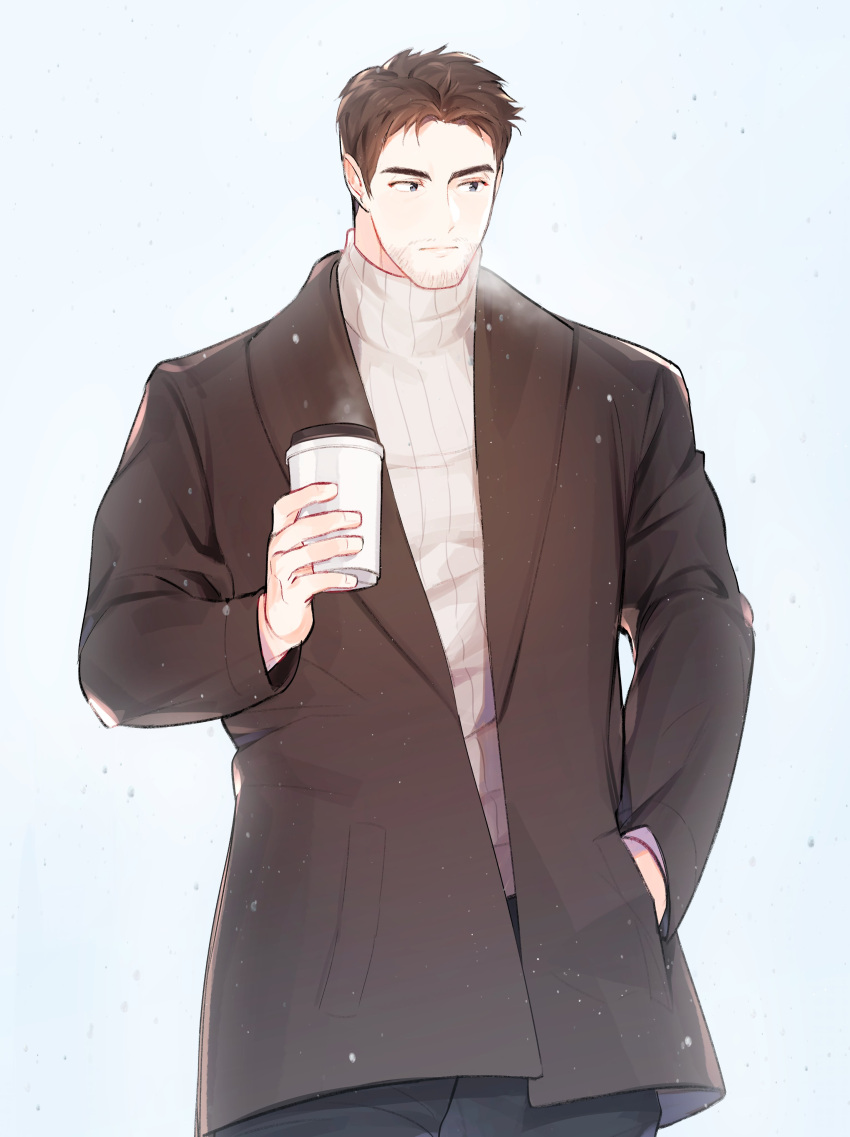 004_(hirusuhi) 1boy absurdres beard brown_hair chris_redfield closed_mouth coat coffee coffee_cup cup disposable_cup facial_hair highres holding male_focus mature_male muscular muscular_male resident_evil shirt short_hair solo stubble sweater