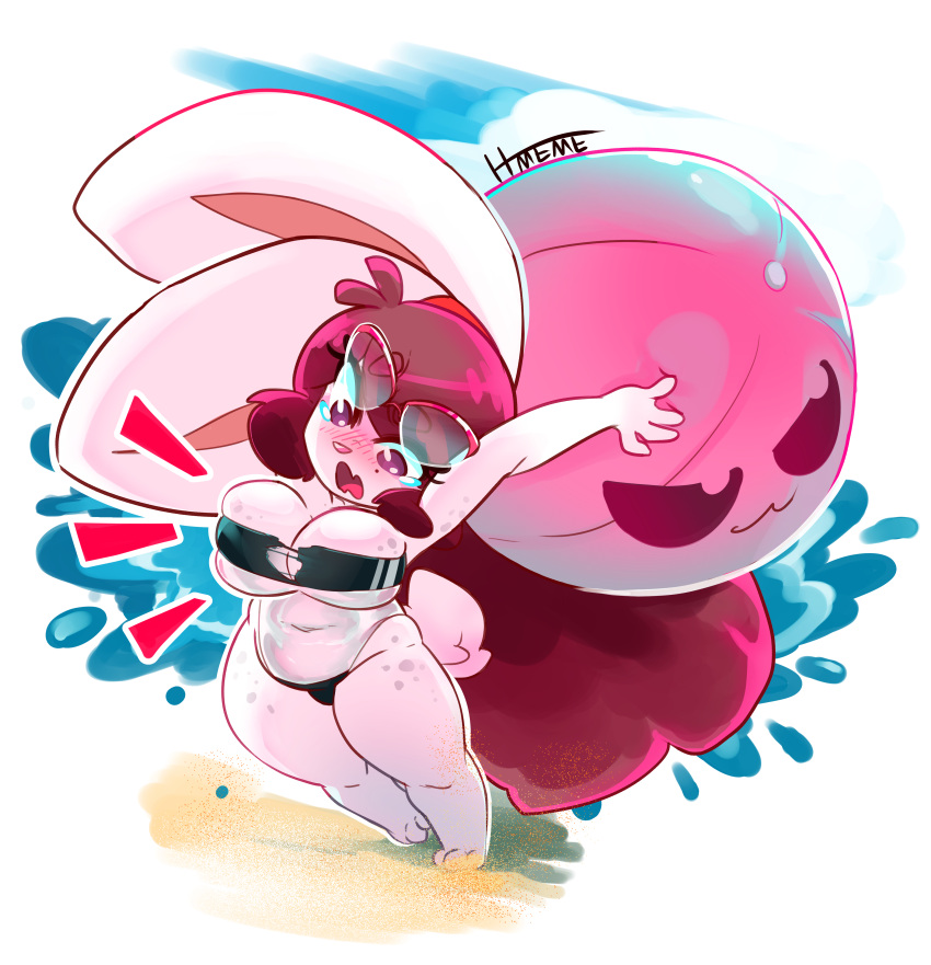absurd_res anthro ball beach beach_ball belly big_breasts big_ears bikini blush breasts clothed clothing digital_media_(artwork) embarrassed eyewear female fur glasses hair hi_res hmeme hmeme_(character) huge_breasts inflatable lagomorph leporid mammal open_mouth pool_toy rabbit red_hair seaside simple_background solo swimwear thick_thighs torn_clothing white_body wide_hips