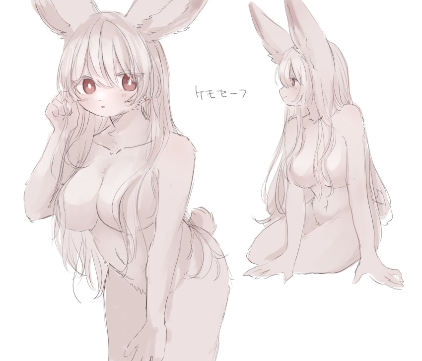 115meg 4_fingers anthro belly bent_over big_breasts blush breasts convenient_censorship fingers fur hair hair_covering_breasts hi_res japanese_text kemono lagomorph leporid long_hair looking_at_viewer looking_away mammal navel nude open_mouth playing_with_hair rabbit red_eyes side_boob simple_background sitting snout solo standing text white_background white_body white_fur white_hair
