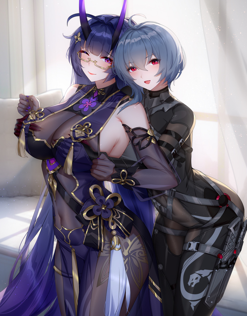 2girls absurdres bangs bare_shoulders blush bodysuit breasts chinese_commentary cleavage closed_mouth commentary_request covered_navel cowboy_shot detached_sleeves eyebrows_visible_through_hair glasses grey_hair hair_intakes highres honkai_(series) honkai_impact_3rd horns large_breasts long_hair long_sleeves looking_at_viewer medium_hair multiple_girls nail_polish official_alternate_costume one_eye_closed oni_horns open_mouth purple_eyes purple_hair purple_nails raiden_mei raven_(honkai_impact_3rd) red_eyes see-through smile thighs wu_ganlan_cai yuri