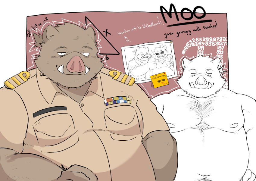 2022 absurd_res anthro belly brown_body clothing english_text hi_res kemono male mammal moobs multiple_poses nipples overweight overweight_male pose shirt solo suid suina sus_(pig) teacher text topwear whitebeast20 wild_boar