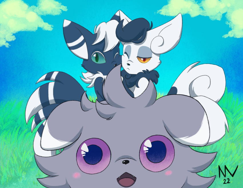 absurd_res big_eyes blue_sky blush espurr feral fluffy fluffy_hair grass_field group hair hi_res meowstic nintendo photobomb pok&eacute;mon pok&eacute;mon_(species) purple_eyes sky smile smiling_at_viewer trio trio_focus video_games