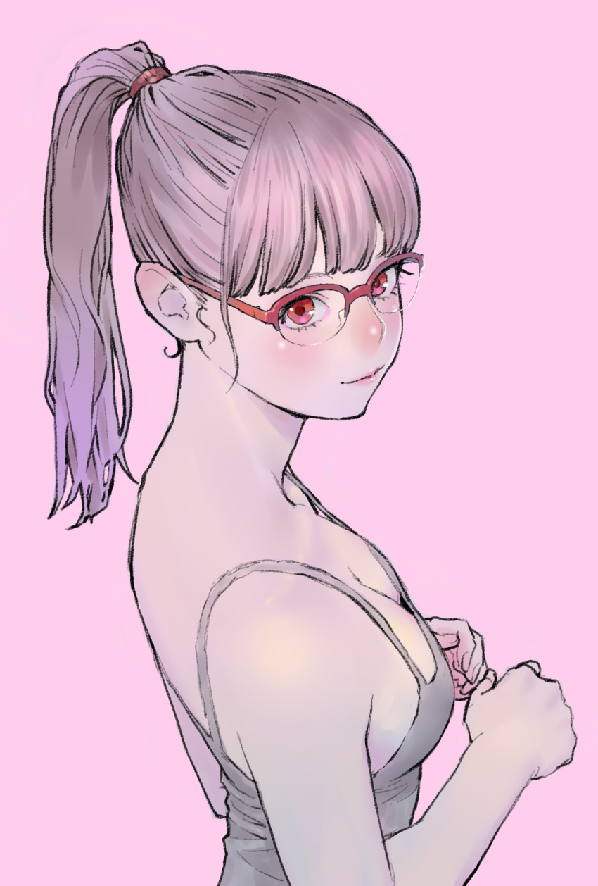 1girl bare_shoulders blush breasts brown_hair cleavage closed_mouth eyelashes glasses highres light_brown_hair looking_at_viewer original peco_(pockleberry) pink_background pink_theme ponytail red-framed_eyewear red_eyes simple_background smile upper_body