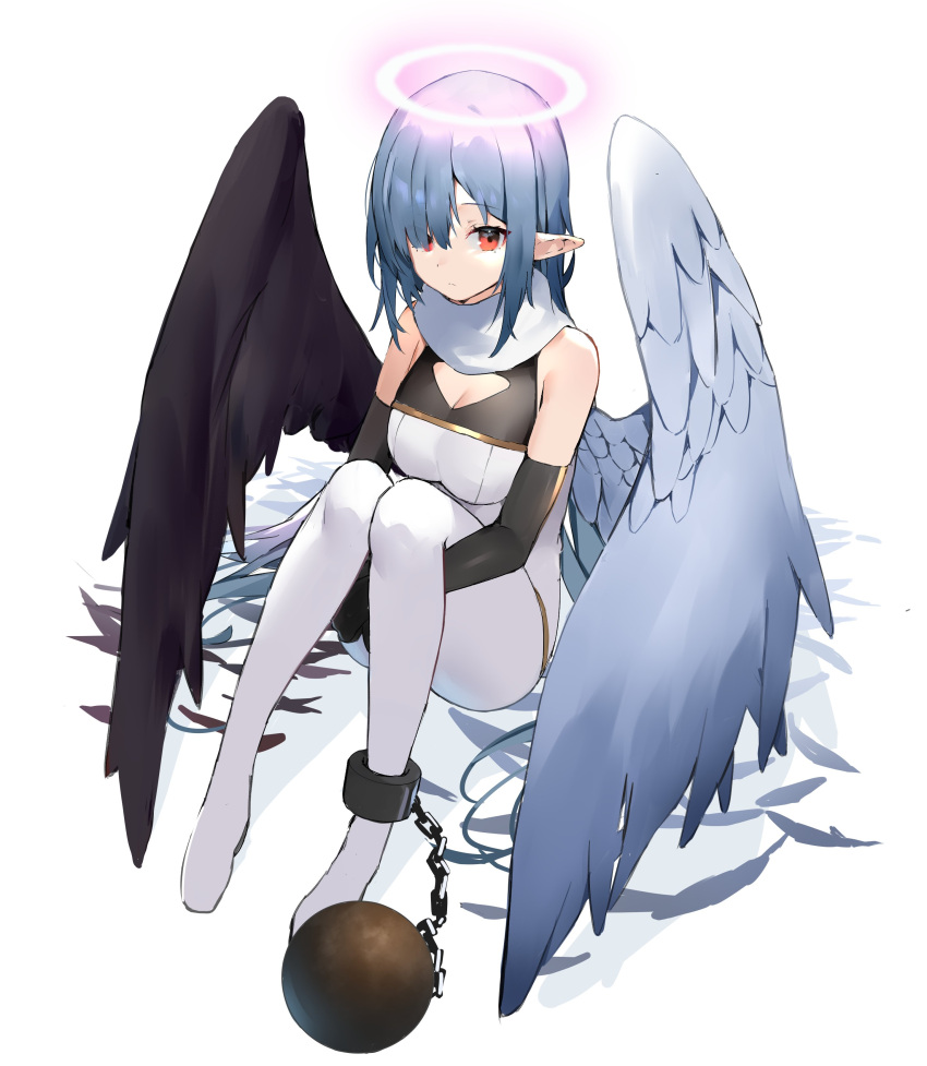 1girl absurdres angel_wings ball_and_chain_restraint bare_shoulders black_feathers black_gloves black_wings blue_hair breasts cleavage cleavage_cutout closed_mouth clothing_cutout eyebrows_visible_through_hair eyes_visible_through_hair feathered_wings feathers gloves glowing gradient halo highres long_hair no_shoes orange_eyes original pointy_ears ryou_(ponpgo) scarf sitting skindentation solo white_scarf wings