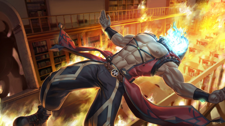 1boy abs amonsyd bara bare_pectorals blue_fire bodypaint carter_(gyee) commentary cross-laced_clothes fire gyee harness highres large_pectorals male_focus muscular muscular_male navel nipples pectorals sleeveless solo stomach