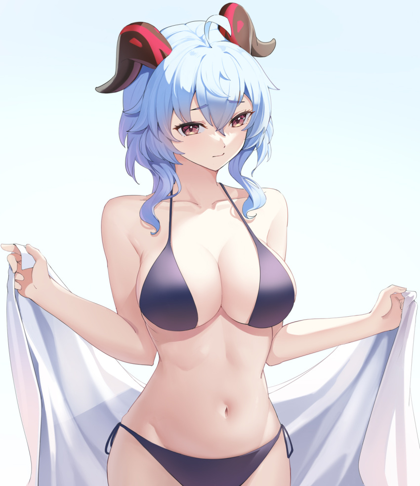 1girl ahoge amco bare_shoulders bikini blue_hair breasts brown_eyes cleavage closed_mouth collarbone cowboy_shot eyebrows_visible_through_hair ganyu_(genshin_impact) genshin_impact gradient gradient_background groin hair_between_eyes halter_top halterneck highres holding holding_towel horns large_breasts light_frown looking_ahead looking_away lowleg lowleg_bikini medium_hair navel open_towel sidelocks swimsuit towel tsurime