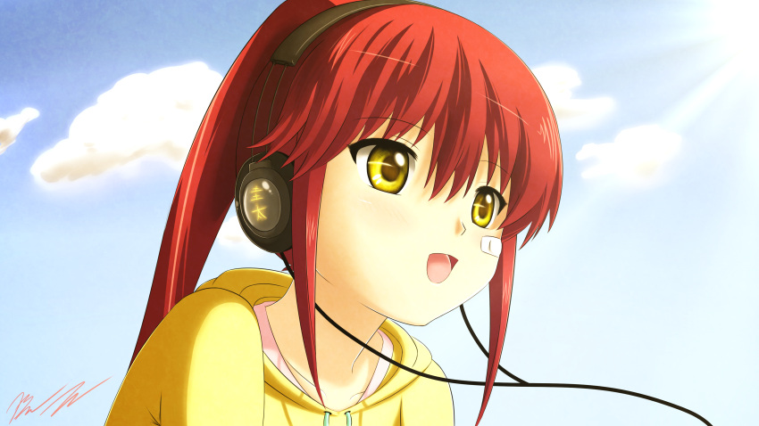 1girl absurdres headphones highres jacket kiss_x_sis lockway open_mouth pink_shirt red_hair shirt smile solo suminoe_riko yellow_eyes yellow_jacket