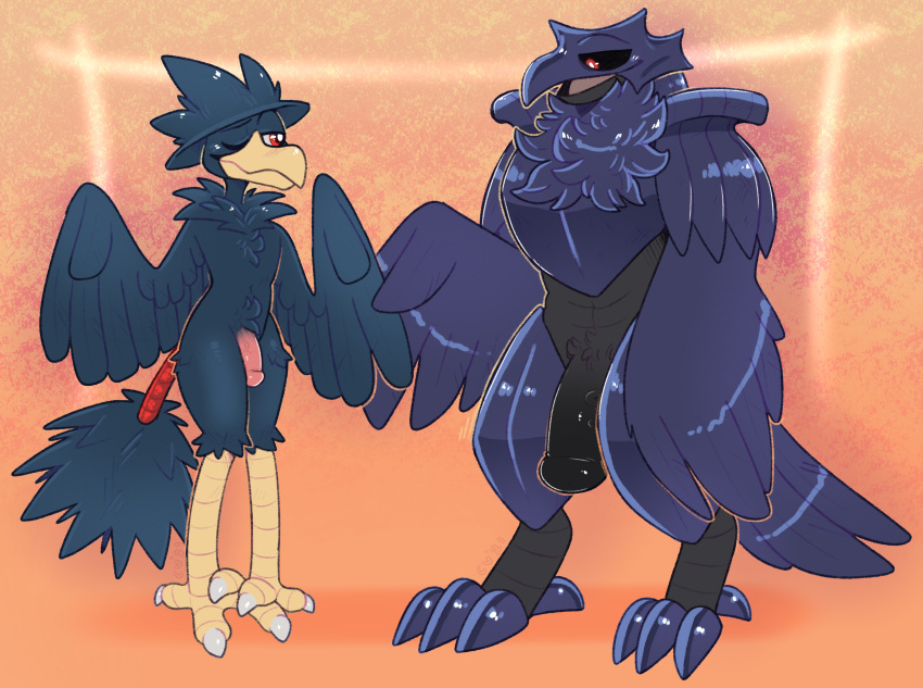 2021 absurd_res avian broad_shoulders corviknight crownedvictory duo flaccid genitals girly hi_res male male/male murkrow nintendo penis pok&eacute;mon pok&eacute;mon_(species) simple_background size_difference stocky tagme video_games