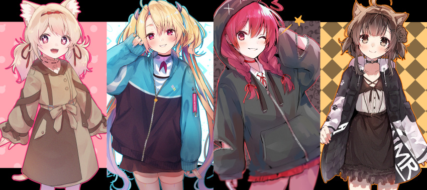 4girls :d absurdres ahoge amai_hiyo amai_hiyo_channel animal_ear_fluff animal_ears annin_miru annin_miru_channel argyle argyle_background arm_up avatar_2.0_project bangs black_jacket black_skirt blonde_hair blue_nails blue_outline blush bow braid brown_bow brown_dress brown_eyes brown_flower brown_hair brown_rose brown_skirt cat_ears cat_girl cat_tail character_request closed_mouth collarbone commentary_request drawstring dress eyebrows_visible_through_hair fangs flower frilled_skirt frills hair_between_eyes hair_bow hair_flower hair_ornament hair_ribbon hand_up heart_ahoge highres hood hood_up hooded_jacket horns jacket long_hair long_sleeves looking_at_viewer low_twintails minase_shia multiple_girls nail_polish one_eye_closed open_clothes open_jacket orange_outline outline parted_bangs parted_lips pinching_sleeves pleated_skirt puffy_long_sleeves puffy_sleeves purple_outline red_eyes red_hair red_ribbon red_skirt ribbon rose shirt skindentation skirt sleeves_past_wrists smile star_(symbol) symbol-shaped_pupils tail thighhighs tomozero twin_braids twintails very_long_hair virtual_youtuber white_legwear white_shirt