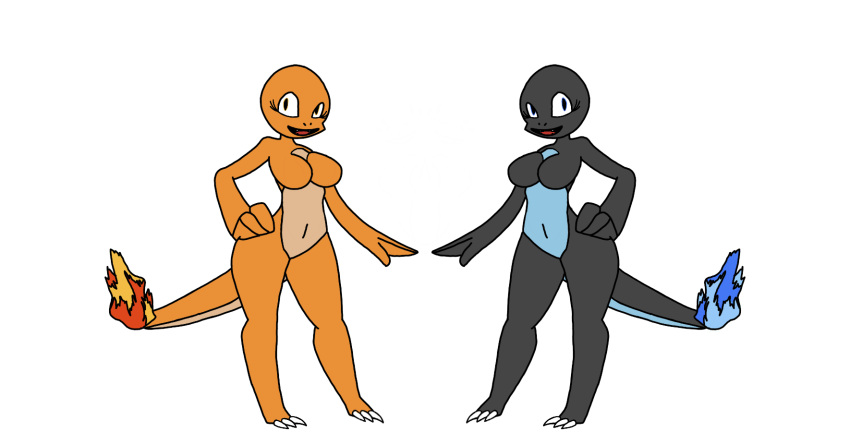 anthro blue_eyes blue_fire charmander claws colored_fire duo eyelashes female fire goc9987 hi_res nintendo pok&eacute;mon pok&eacute;mon_(species) reptile reptilian_eyes reptilian_tail scalie short_stack sibling twins video_games yellow_eyes