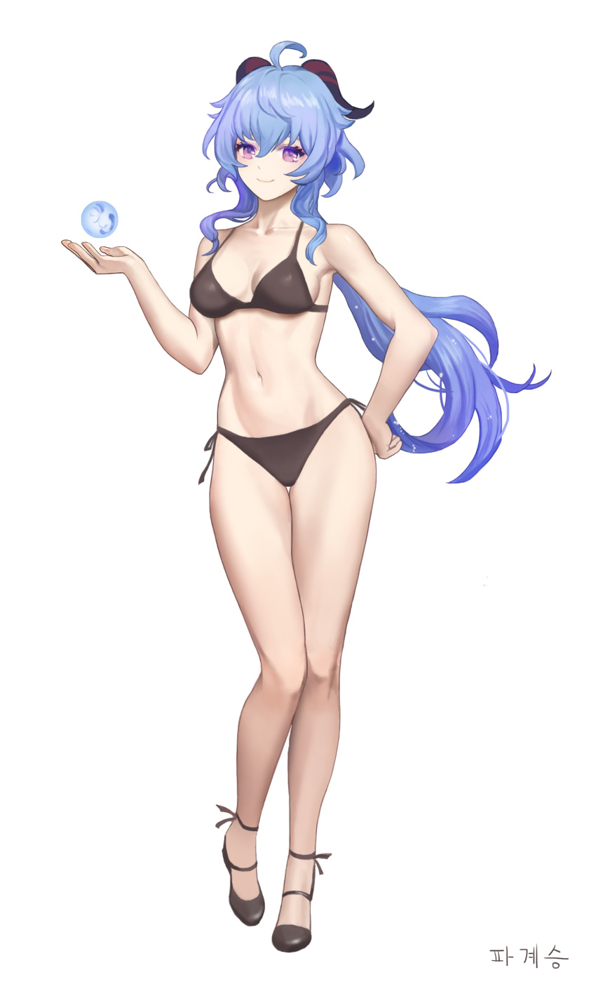 absurdres ahoge armpits bangs bikini black_bikini blue_hair breasts collarbone full_body ganyu_(genshin_impact) genshin_impact ha_kaisou high_heels highres horns long_hair looking_at_viewer low_ponytail medium_breasts navel orb purple_eyes sideboob sidelocks signature smile solo standing swimsuit white_background