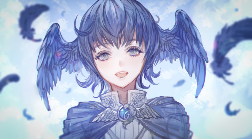 1girl :d bird_wings blue_background blue_capelet blue_eyes blue_feathers blue_hair blurry brooch capelet cloud collared_shirt commentary depth_of_field feathered_wings feathers final_fantasy final_fantasy_xiv head_wings highres jewelry looking_at_viewer meteion open_mouth portrait senano-yu shirt short_hair sky smile solo wings