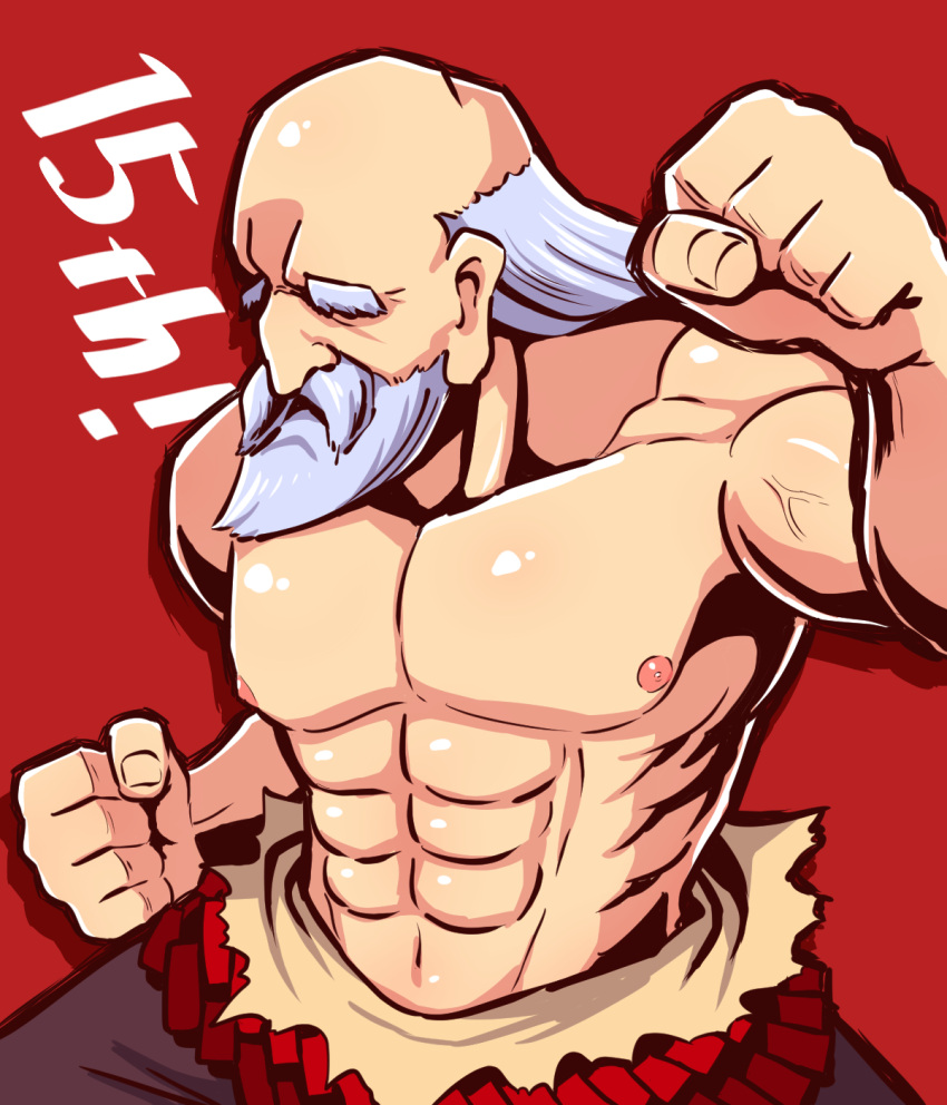 1boy abs anniversary arm_up bald beard black_pants clenched_hands commentary_request facial_hair facing_viewer grey_hair highres male_focus monk_(sekaiju) mustache naga_u old old_man pants red_background sekaiju_no_meikyuu sekaiju_no_meikyuu_3 simple_background solo thick_eyebrows topless_male